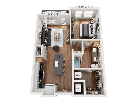 Floor plan for 1 bed, 1 bath, 754 sqft